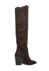 Botas de ante marrón hasta la rodilla con punta afilada y tacón cuadrado. Cuentan con un cierre lateral y un detalle de parte superior doblada para añadir diseño.