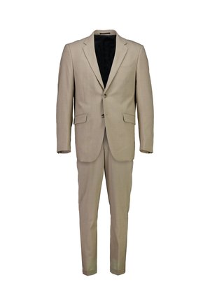 Beige colbert en broek, op maat gemaakt ontwerp, enkelzijdig colbert met twee voorzakken, gladde stofstructuur, open aan de voorkant.