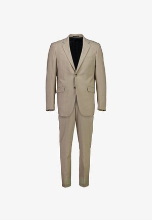Beżowa marynarka i spodnie, dopasowany krój, marynarka zapinana na jeden guzik z dwiema przednimi kieszeniami, gładka tekstura materiału, rozchylona z przodu.