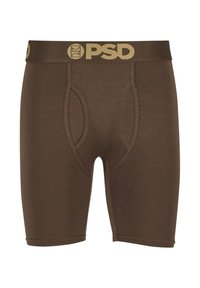 Bruine PSD merk heren boxershorts met een gevormde voorkant en een logo op de tailleband in beige.