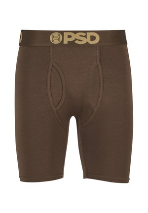 Brown PSD brand men's boxer briefs with a contoured front pouch and logo on the waistband in beige.
