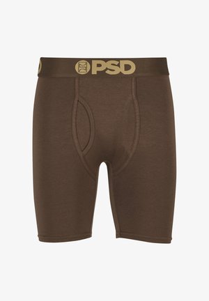 Boxer brevissimi da uomo del marchio PSD in marrone, con una tasca frontale sagomata e logo sul bordo in beige.