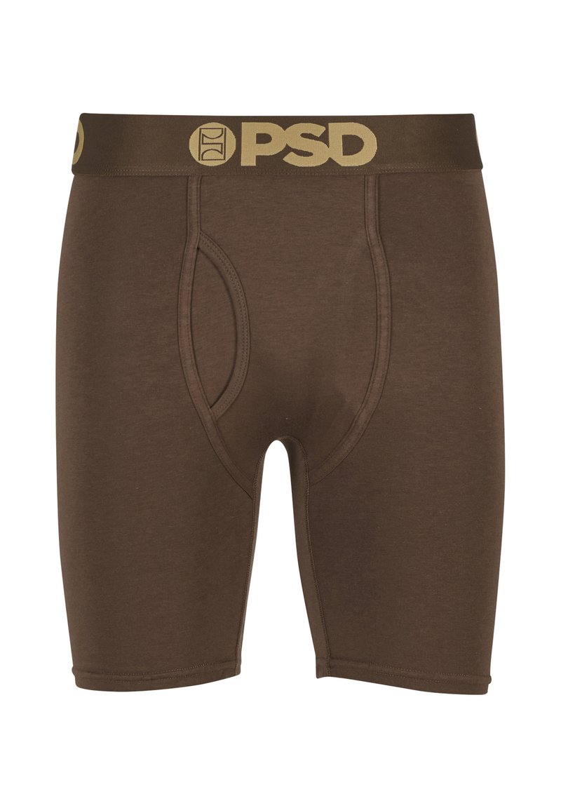 Bruine PSD merk heren boxershorts met een gevormde voorkant en een logo op de tailleband in beige.