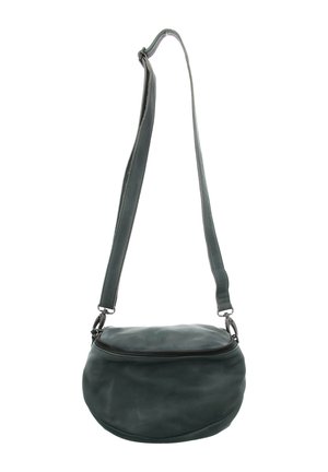 Dunkelgrüne Leder-Umhängetasche mit abgerundeter Form und verstellbarem Riemen, ausgestattet mit einem oberen Reißverschluss.