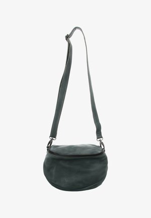 Dark green leather crossbody bag with a rounded shape and adjustable strap, featuring a top zipper closure.