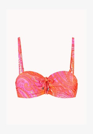Top de bikini con patrón de cachemira en tonos rosa y naranja, tirantes ajustables y un lazo atado en el centro frontal.