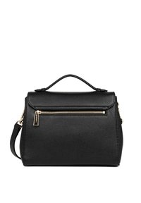 Borsa a mano in pelle nera con una forma strutturata, tasca frontale con zip, manico corto e tracolla regolabile. Presenta dettagli in metallo oro.