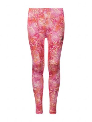 Leggings da donna a lunghezza intera con vita alta e motivo floreale tie-dye rosa, arancione e giallo con piccolo logo laterale sulla coscia sinistra.