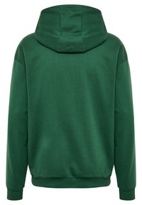 Dunkelgrünes Kapuzen-Sweatshirt mit langen Ärmeln, gerippten Bündchen und Bund, von hinten auf weißem Hintergrund gezeigt.