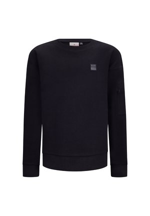 Schwarzer Pullover mit strukturiertem Strickdesign, rundem Halsausschnitt, langen Ärmeln und einem kleinen Patch auf der Brust. Verfügt über eine Reißverschlusstasche am Ärmel.