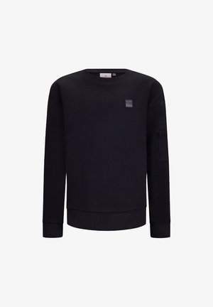 Schwarzer Pullover mit strukturiertem Strickdesign, rundem Halsausschnitt, langen Ärmeln und einem kleinen Patch auf der Brust. Verfügt über eine Reißverschlusstasche am Ärmel.
