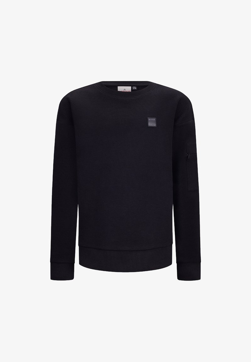 Schwarzer Pullover mit strukturiertem Strickdesign, rundem Halsausschnitt, langen Ärmeln und einem kleinen Patch auf der Brust. Verfügt über eine Reißverschlusstasche am Ärmel.