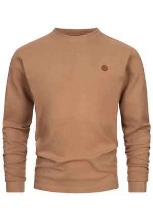 Pull homme à manches longues, brun clair, côtelé, col rond, avec petite écusson rond en cuir à logo sur la poitrine gauche.
