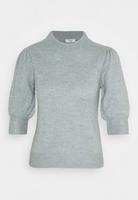 Light gray knit sweater with a high neck, puffed short sleeves, and ribbed cuffs. Soft texture with a smooth finish.