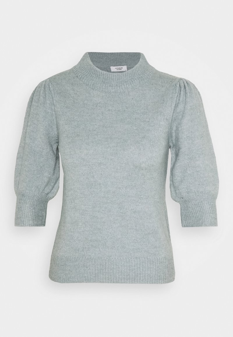 Light gray knit sweater with a high neck, puffed short sleeves, and ribbed cuffs. Soft texture with a smooth finish.