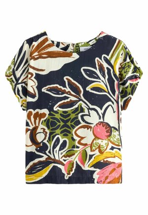 GATHERED SHORT SLEEVE TEXTURED BOXY REGULAR FIT - Tričko s potlačou - navy floral print