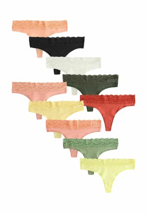 Nine lace-trimmed women's thong underwear in pastel pink, black, white, green, red, and yellow, neatly arranged in a diagonal pattern.