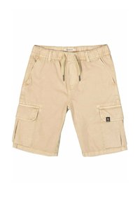 Beige cargoshorts met een elastische tailleband, trekkoord, zijzakken en een patchzak op het linkerbeen. Gemaakt van lichte stof.