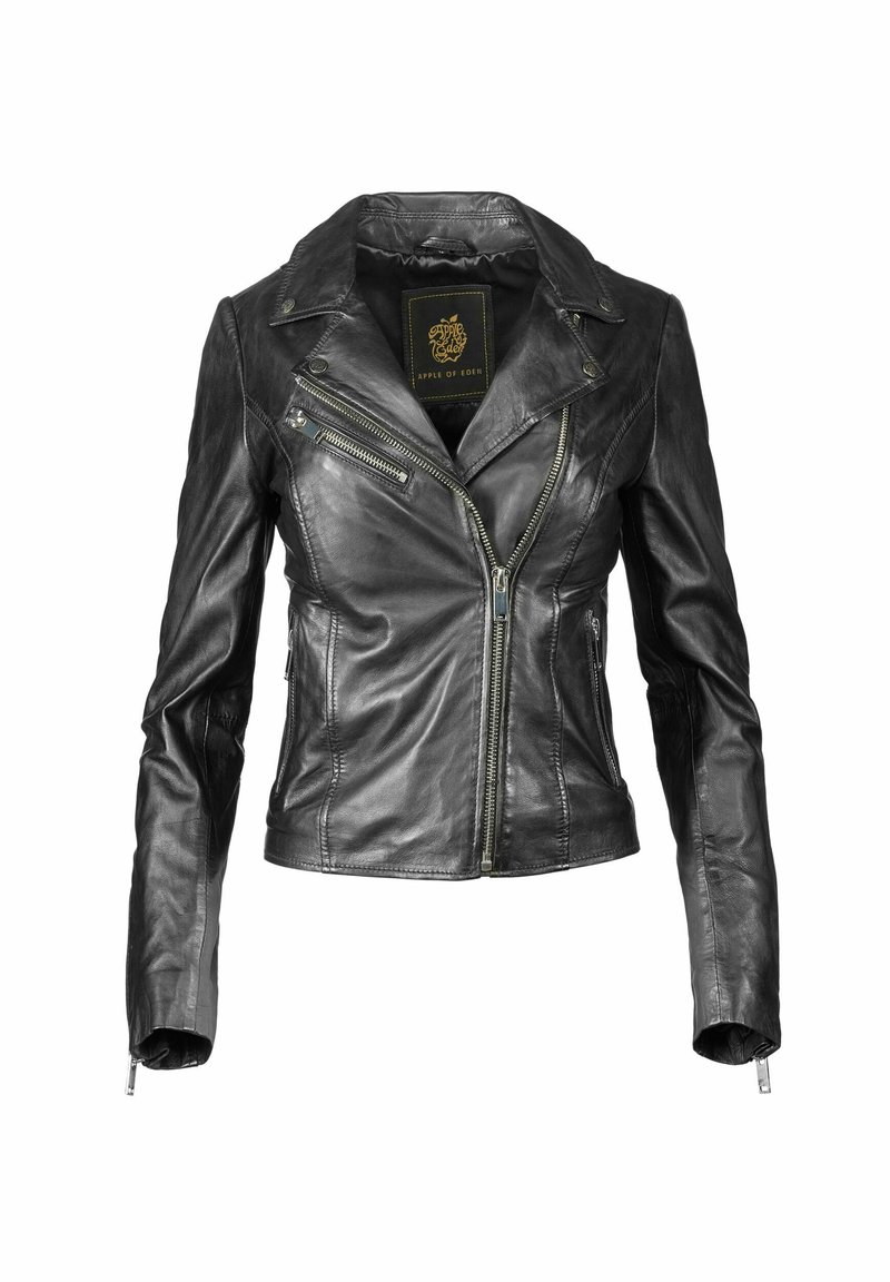 Schwarze Leder-Bikerjacke mit taillierter Passform, asymmetrischem Reißverschluss und auffälligen Reverskragen. Verfügt über silberne Beschläge und seitliche Reißverschlusstaschen.
