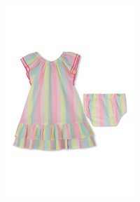 Jurkenset bestaande uit een lichtgewicht, multicolore gestreepte jurk met een rucheszoom en mouwtjes, gecombineerd met een bijpassende gestreepte broek.