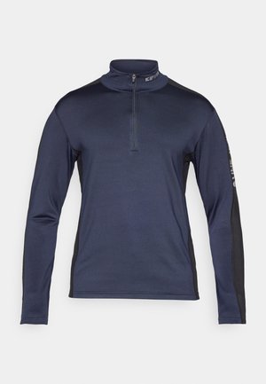 Tumedat pikalised sportlikud särgid kõrge kaelusega, pooltõmbele ette, mustad küljepaneelid ja logo detail käe peal. Valmistatud siledast kangast.