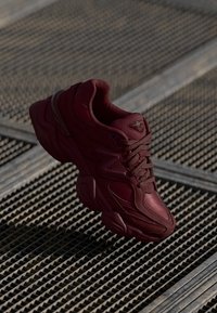 Bordeaux sportieve schoen met textiel, een ronde neus, een gevoerd kraagje en een dikke zool. Heeft een minimalistisch ontwerp en contrasterende stiksels.