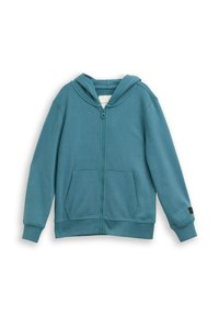Sweat à capuche zippé couleur sarcelle en tissu doux, avec une poche avant, des poignets côtelés et une capuche à cordon. Texture lisse et design décontracté.