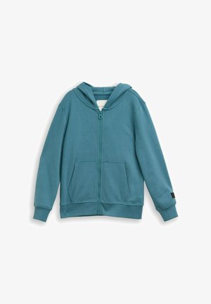 Felpa con cappuccio e zip color verde acqua in tessuto morbido, con tasca frontale, polsini a coste e cappuccio con coulisse. Texture liscia e design casual.