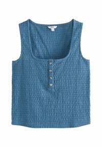 Blå texturerad tanktop med en fyrkantig halsringning och fem knappdekorationer framtill. Tillverkad av lättviktig tyg.