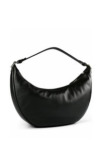 Schwarze, halbmondförmige Leder-Schultertasche mit einem verstellbaren Riemen und Reißverschlussverschluss.