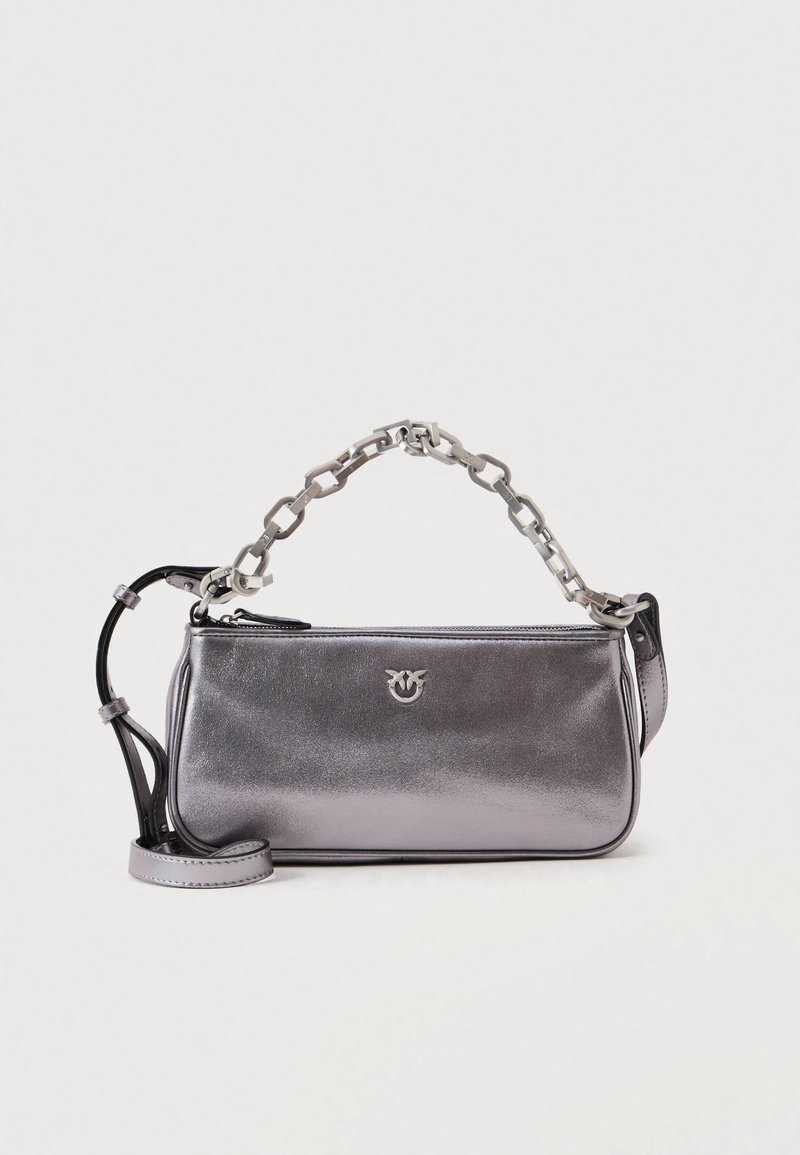 Metallic silver handbag with a sleek design, featuring a chain handle and black accents. Zipper closure and logo detailing on the front.
