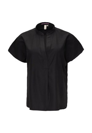 Schwarze Kurzarmbluse mit Stehkragen, ausgestattet mit einer Knopfleiste und einer lockeren Passform. Hergestellt aus leichtem Stoff mit glatter Textur.