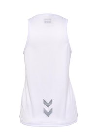 Weißes ärmelloses Sportoberteil aus strukturiertem Stoff, mit einem grauen Chevron-Muster auf dem Rücken und einem runden Ausschnitt.