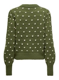 Pull vert tricoté avec des pois blancs en relief, manches longues bouffantes, poignets et ourlet côtelés, vu de dos.