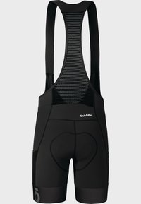 Schwarze Radsport-Bib-Shorts mit Mesh-Trägern, gepolsterter Sitz und reflektierenden Akzenten. Hergestellt aus dehnbarem, feuchtigkeitsableitendem Material für optimalen Komfort.