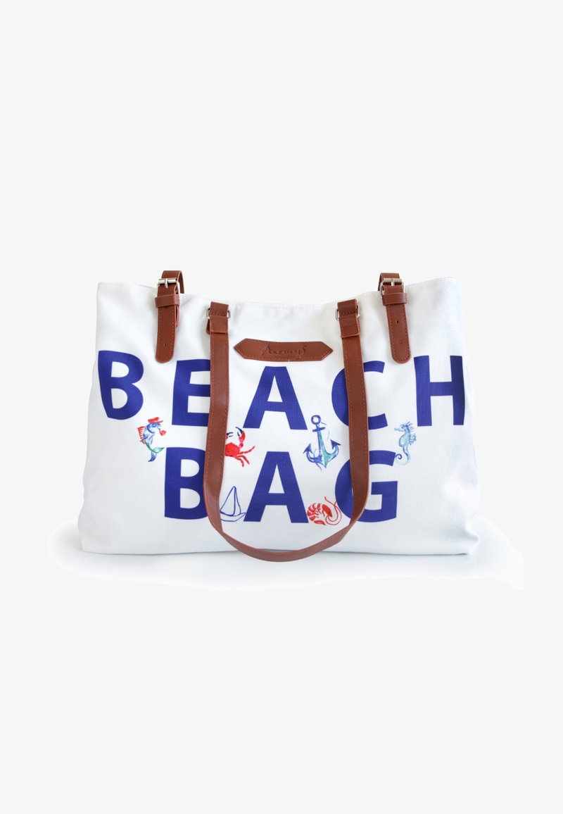 White canvas beach bag with brown leather straps, printed with large blue letters and small colorful sea creatures and nautical symbols.