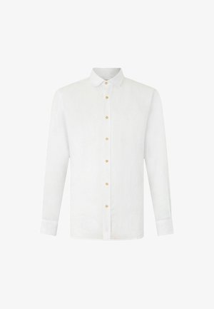 Camicia bianca a maniche lunghe realizzata in tessuto testurizzato, con colletto classico, sette bottoni in tonalità dorata e una vestibilità morbida.