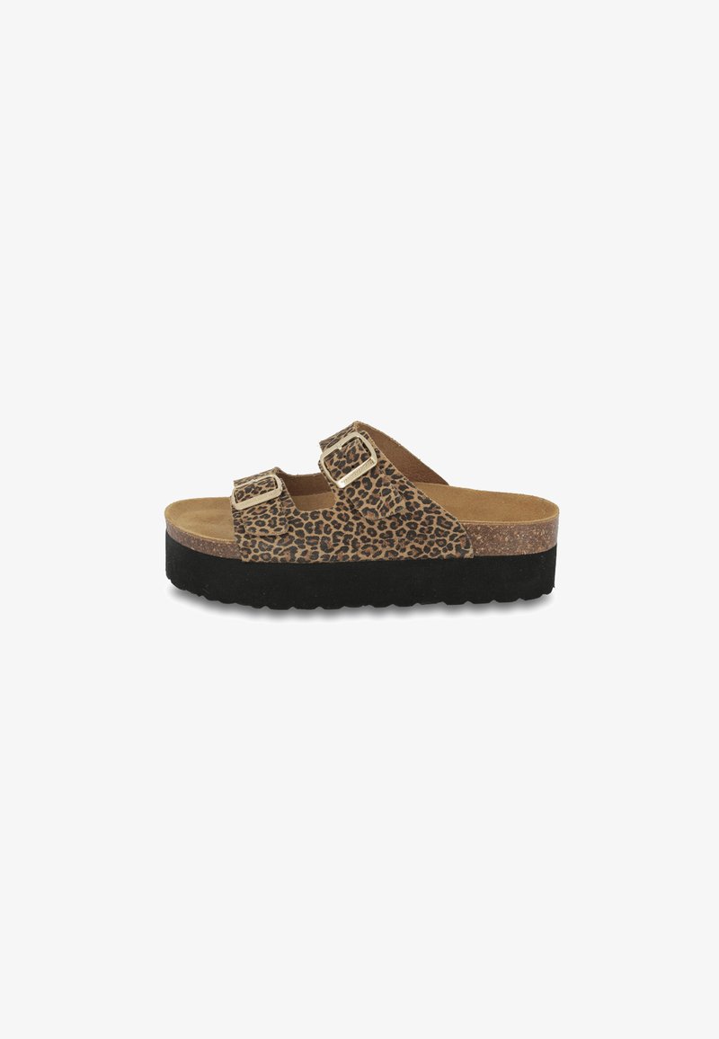 Sandales à glisser en cuir imprimé léopard avec deux boucles ajustables, semelle intérieure en liège naturel et semelle de plateforme noire texturée.