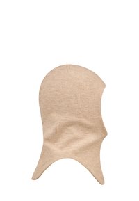 Beige gerippte Balaklava mit enger Passform, die eine glatte Textur und ein nahtloses Design aufweist und bis zum Halsbereich reicht.
