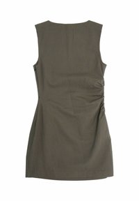 Mouwloze jurk in olijfgroen met verticale strepen, met een aansluitend ontwerp en geplooide details aan de zijkant, gladde textuur.