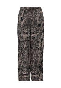 Pantaloni a gamba larga neri con un motivo a onde che si avvolge in beige. Presentano una vita elastica e un tessuto leggero per il massimo confort.