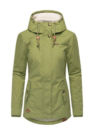 Groene waterdichte jas met een capuchon. Kenmerken zijn onder meer een zachte binnenvoering, twee zijzakken, toggles als accent en gestikte details.