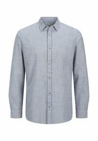 Camicia a righe con bottone, caratterizzata da linee blu e bianche alternate, maniche lunghe, colletto e bottoni argentati lungo la parte frontale.