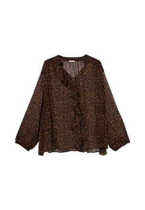 Bruine blouse met luipaardprint, lange mouwen, V-hals en een gerimpelde detail aan de voorkant. Gemaakt van lichtgewicht, doorschijnend materiaal.