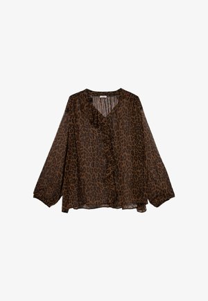 Blusa marrone con stampa leopardata, maniche lunghe, scollo a V e dettaglio arricciato sul davanti. Realizzata in materiale leggero e trasparente.