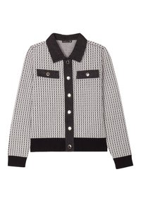 Cardigan à col, en motif à carreaux noir et blanc, avec deux poches avant, des boutons en argent et un ourlet et des poignets côtelés.
