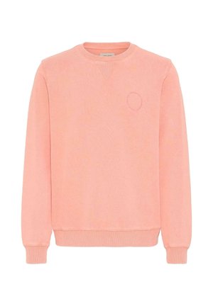 Pink sweatshirt made of soft fabric, featuring a crew neckline, ribbed cuffs, and hem. Includes a small embroidered circle on the chest.