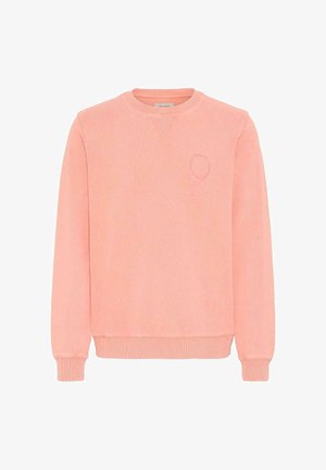 Pink sweatshirt made of soft fabric, featuring a crew neckline, ribbed cuffs, and hem. Includes a small embroidered circle on the chest.
