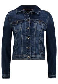 Džínová bunda v tmavě modré barvě, s předním zapínáním na knoflíky, dvěma kapsami na prsou a klasickým límcem. Zpracování s ošoupaným vzhledem a přizpůsobený střih.