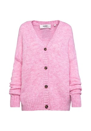 Helles rosa gestricktes Cardigan mit V-Ausschnitt, langen Ärmeln und fünf braunen Knöpfen auf der Vorderseite. Gerippte Bündchen und Saum.